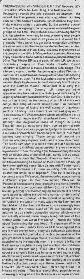 Kinder ep (1991). Paul Ricketts, Unhinged Magazine issue 9, herfst 1991