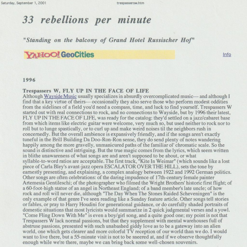 Fly Up in the Face of Life: 33 Rebellions per Minute, 1/9/2001