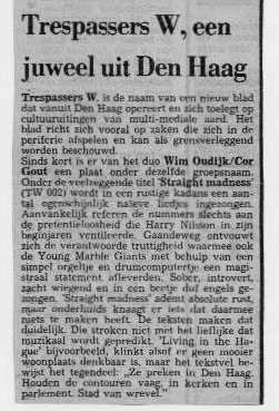 Hans Piët, Straight Madness (lp), Haagsche Courant 20 april 1985